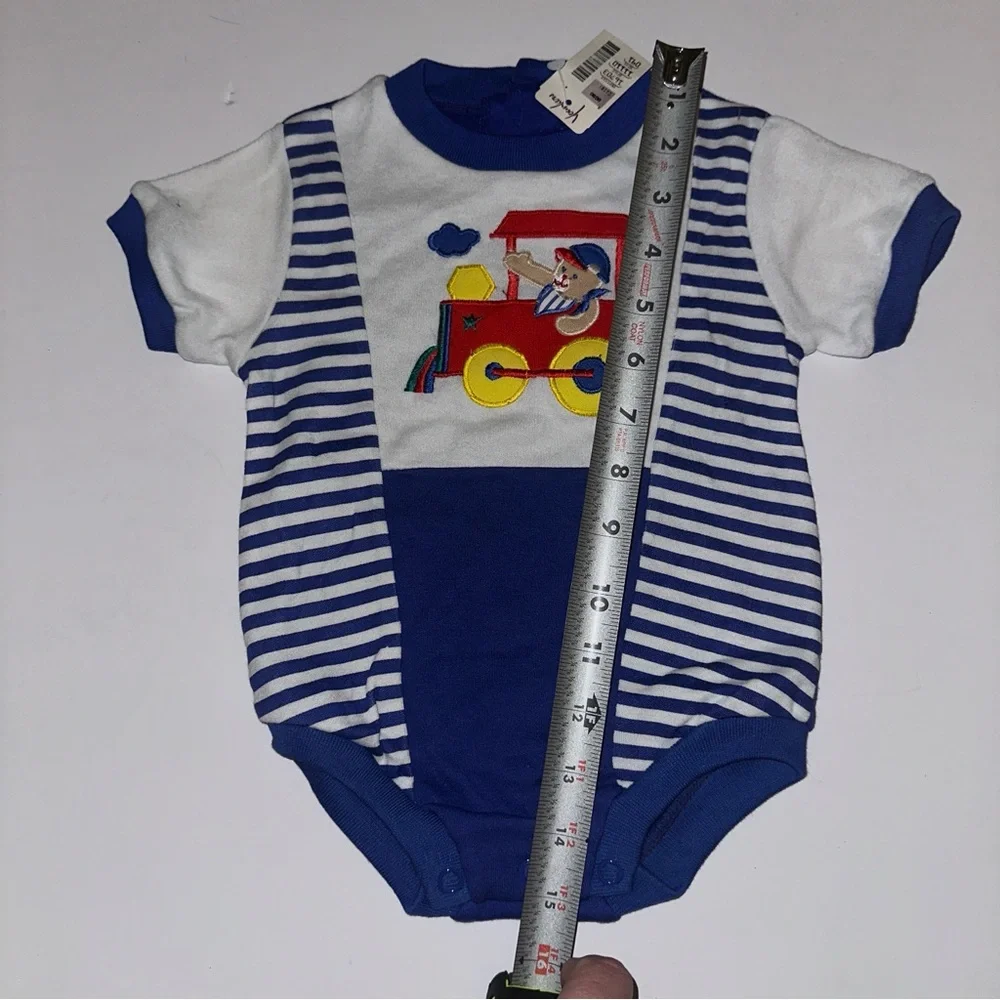 NWT Vintage Baby Kisses Romper Infant 12 Months Blue Appliqued Train stripes NEW